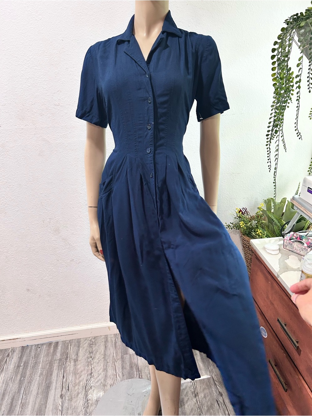 TOGETHER Deep Navy Button-Front Short Sleeve Midi Dress